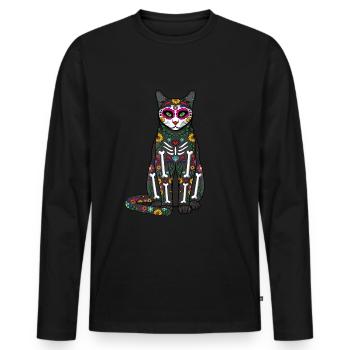 Chat Floral Muertos Jour Des Morts Halloween - T-shirt manches longues Premium bio Homme - noir - Devant - Nico (187cm)