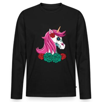 Licorne Floral Muertos Jour Des Morts Halloween - T-shirt manches longues Premium bio Homme - noir - Devant - Nico (187cm)