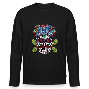 Lebendiger Día de los Muertos Totenkopf mit Blumen - Männer Premium Bio Langarmshirt - Schwarz - Vorne - Nico (187cm)