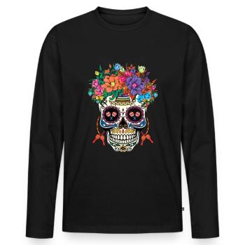 Colorful skull with floral wreath art - Men's Premium Organic Long Sleeve Shirt - black - Front - Nico (187cm)