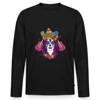 Bunte Calavera mit Blumen und Sombrero - Männer Premium Bio Langarmshirt - Schwarz - Vorne - Nico (187cm)