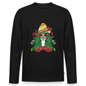 Bunte Calavera Mit Sombrero Und Blumen - Männer Premium Bio Langarmshirt - Schwarz - Vorne - Nico (187cm)