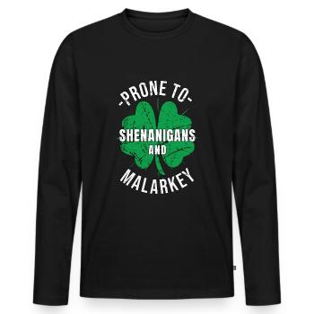St. Patrick's Day Prone to Shenanigans and Malarkey - Men's Premium Organic Long Sleeve Shirt - black - Front - Nico (187cm)