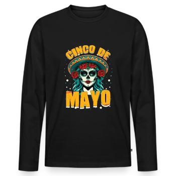 Cinco de Mayo Squelette avec sombrero et fleurs - T-shirt manches longues Premium bio Homme - noir - Devant - Nico (187cm)