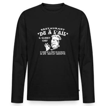 Restaurant "du à l'ail" - T-shirt manches longues Premium bio Homme - noir - Devant - Nico (187cm)