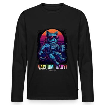 Retro Space Shirt "Vaccum, Baby!" – Synthwave Katz - Männer Premium Bio Langarmshirt - Schwarz - Vorne - Nico (187cm)