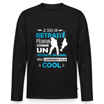 Retraite Pêche / Retraité Pêcheur - T-shirt manches longues Premium bio Homme - noir - Devant - Nico (187cm)