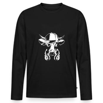 Kuh mit Kopfhörer und cooler Sonnen Brille - Männer Premium Bio Langarmshirt - Schwarz - Vorne - Nico (187cm)