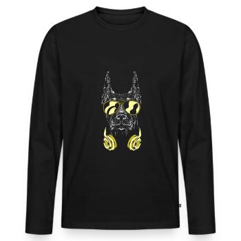 Chien avec casque, casquette et lunettes de musique cool - T-shirt manches longues Premium bio Homme - noir - Devant - Nico (187cm)