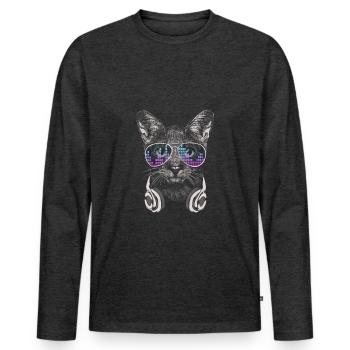 Chat avec des écouteurs et des lunettes de soleil fraîches - T-shirt manches longues Premium bio Homme - anthracite chiné - Devant - Nico (187cm)