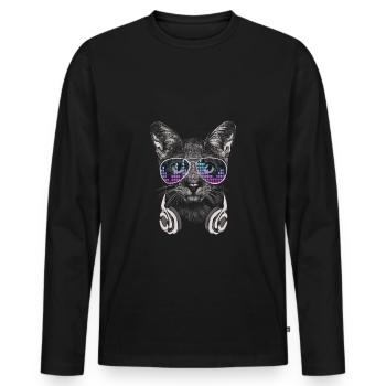Katze mit Kopfhörer und cooler Sonnen Brille - Männer Premium Bio Langarmshirt - Schwarz - Vorne - Nico (187cm)