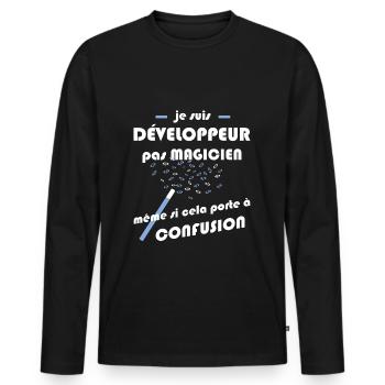 Développeur pas magicien - T-shirt manches longues Premium bio Homme - noir - Devant - Nico (187cm)