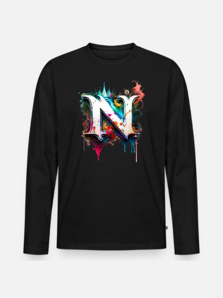 Graffiti Buchstabe N mit 👑 - Männer Premium Bio Langarmshirt - Schwarz