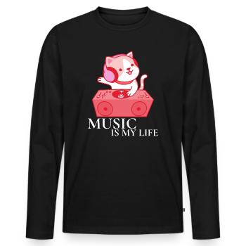 Chat aime la musique Tee Shirt Idée cadeau - T-shirt manches longues Premium bio Homme - noir - Devant - Nico (187cm)