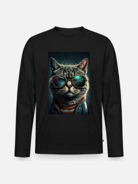 Cat Bril Zonnebril Cool Cat - Mannen Premium Bio shirt met lange mouwen - zwart
