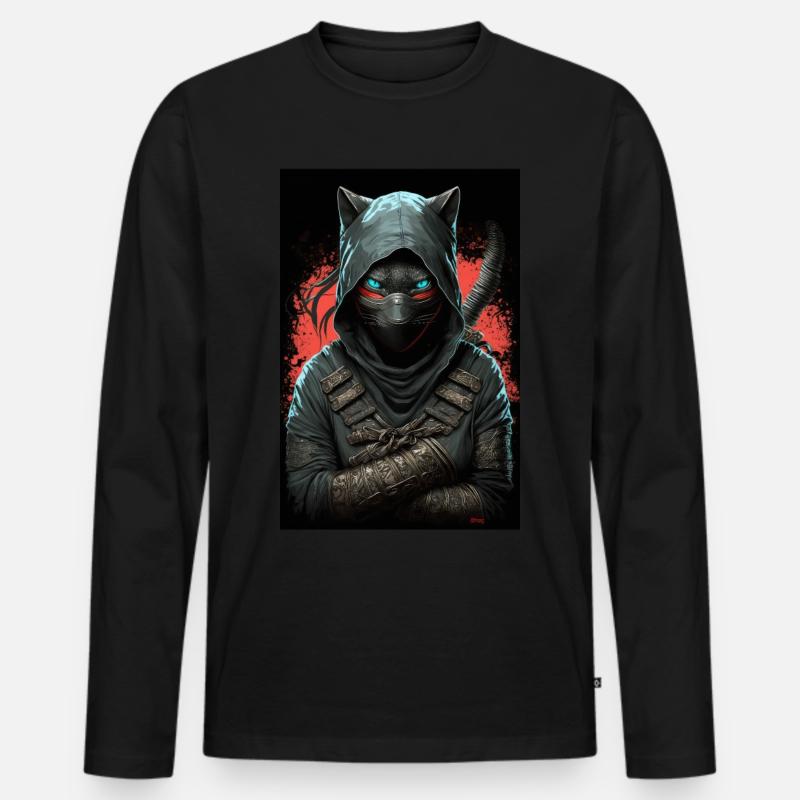 Ninja Katze Japan - Männer Premium Bio Langarmshirt - Schwarz