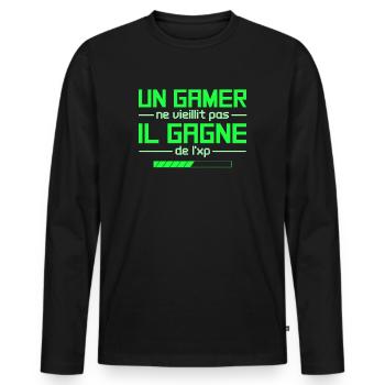 Un gamer ne vieillit pas il gagne de l'xp geek - T-shirt manches longues Premium bio Homme - noir - Devant - Nico (187cm)