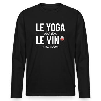 Le yoga c'est bien le vin c'est mieux humour apéro - T-shirt manches longues Premium bio Homme - noir - Devant - Nico (187cm)