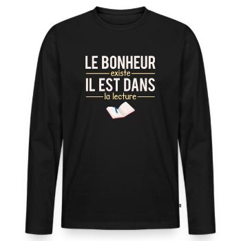 Le Bonheur Existe il Est Dans La Lecture Humour - T-shirt manches longues Premium bio Homme - noir - Devant - Nico (187cm)