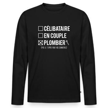 Célibataire En Couple Blague Plombier Humour - T-shirt manches longues Premium bio Homme - noir - Devant - Nico (187cm)