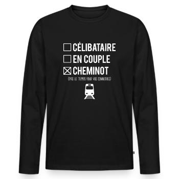 Célibataire En Couple Cheminot Train Humour - T-shirt manches longues Premium bio Homme - noir - Devant - Nico (187cm)