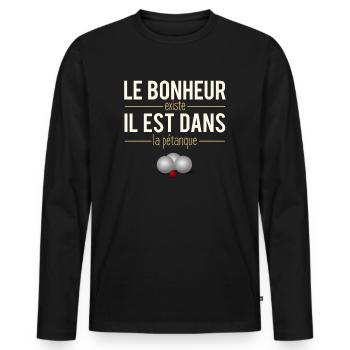Le Bonheur Existe Pétanque Bouliste Humour - T-shirt manches longues Premium bio Homme - noir - Devant - Nico (187cm)