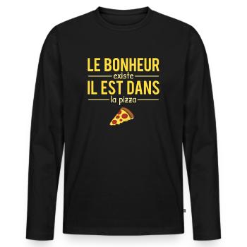 Le Bonheur Existe Fast Food Blague Pizza Humour - T-shirt manches longues Premium bio Homme - noir - Devant - Nico (187cm)