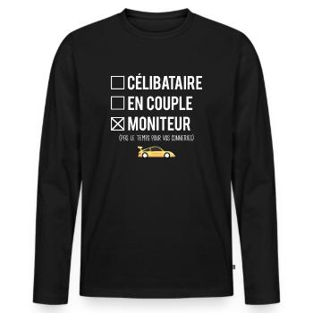 Célibataire en couple moniteur auto école - T-shirt manches longues Premium bio Homme - noir - Devant - Nico (187cm)