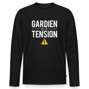 Gardien de la tension cadeau électricien humour - T-shirt manches longues Premium bio Homme - noir - Devant - Nico (187cm)