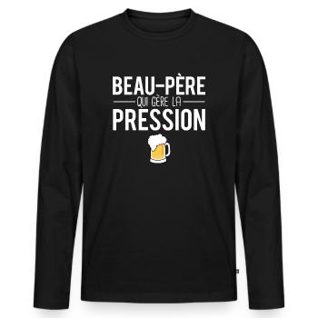 Beau-père qui gère la pression mousse bière humour - T-shirt manches longues Premium bio Homme - noir - Devant - Nico (187cm)