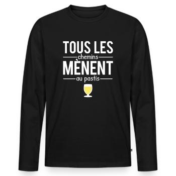 Tous les chemins mènent au pastis jaune humour - T-shirt manches longues Premium bio Homme - noir - Devant - Nico (187cm)