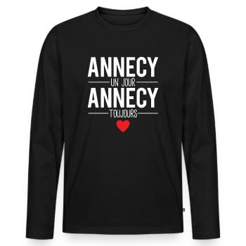 Annecy un jour annecy toujours cadeau annécien - T-shirt manches longues Premium bio Homme - noir - Devant - Nico (187cm)