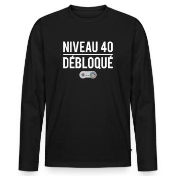 Niveau 40 débloqué cadeau anniversaire 40 ans - T-shirt manches longues Premium bio Homme - noir - Devant - Nico (187cm)