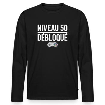 Niveau 50 débloqué cadeau anniversaire 50 ans - T-shirt manches longues Premium bio Homme - noir - Devant - Nico (187cm)