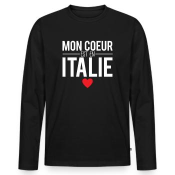 Mon coeur est en italie pays humour - T-shirt manches longues Premium bio Homme - noir - Devant - Nico (187cm)