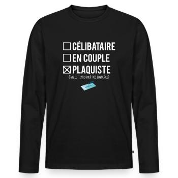 Célibataire en couple plaquiste humour - T-shirt manches longues Premium bio Homme - noir - Devant - Nico (187cm)