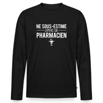 Ne sous estime jamais un pharmacien métier humour - T-shirt manches longues Premium bio Homme - noir - Devant - Nico (187cm)