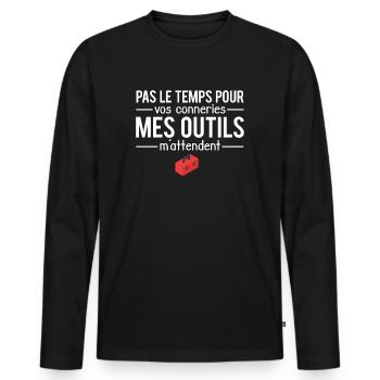Pas le temps outils bricolage bricoleur humour - T-shirt manches longues Premium bio Homme - noir - Devant - Nico (187cm)