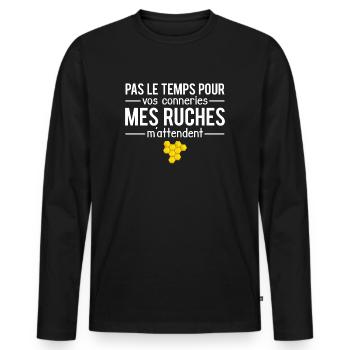 Pas le temps apiculteur ruches abeilles humour - T-shirt manches longues Premium bio Homme - noir - Devant - Nico (187cm)