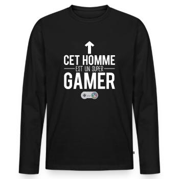 Cet homme est un super gamer manette geek humour - T-shirt manches longues Premium bio Homme - noir - Devant - Nico (187cm)
