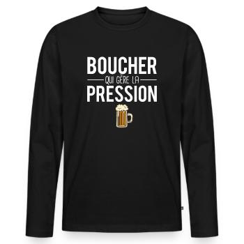 Boucher qui gère la pression métier bière humour - T-shirt manches longues Premium bio Homme - noir - Devant - Nico (187cm)