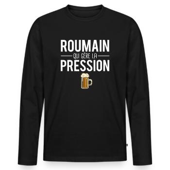 Roumain qui gère la pression papa roumain humour - T-shirt manches longues Premium bio Homme - noir - Devant - Nico (187cm)