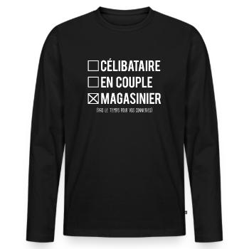 Célibataire en couple magasinier humour métier - T-shirt manches longues Premium bio Homme - noir - Devant - Nico (187cm)