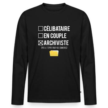 Célibataire en couple archiviste humour métier - T-shirt manches longues Premium bio Homme - noir - Devant - Nico (187cm)