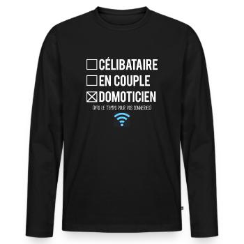 Célibataire en couple domoticien humour métier - T-shirt manches longues Premium bio Homme - noir - Devant - Nico (187cm)