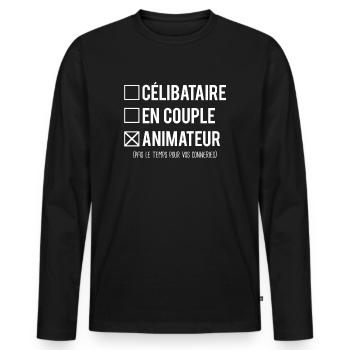 Célibataire en couple animateur humour métier - T-shirt manches longues Premium bio Homme - noir - Devant - Nico (187cm)