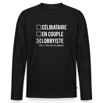 Célibataire en couple lobbyiste humour métier - T-shirt manches longues Premium bio Homme - noir - Devant - Nico (187cm)