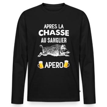 Chasse au sanglier, apéro et pote humour chasseur - T-shirt manches longues Premium bio Homme - noir - Devant - Nico (187cm)