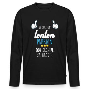 Tonton Parrain Qui Déchire Cadeau Humour Oncle - T-shirt manches longues Premium bio Homme - noir - Devant - Nico (187cm)