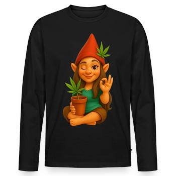 Zwergin im Schneidersitz mit Cannabispflanze - Männer Premium Bio Langarmshirt - Schwarz - Vorne - Nico (187cm)